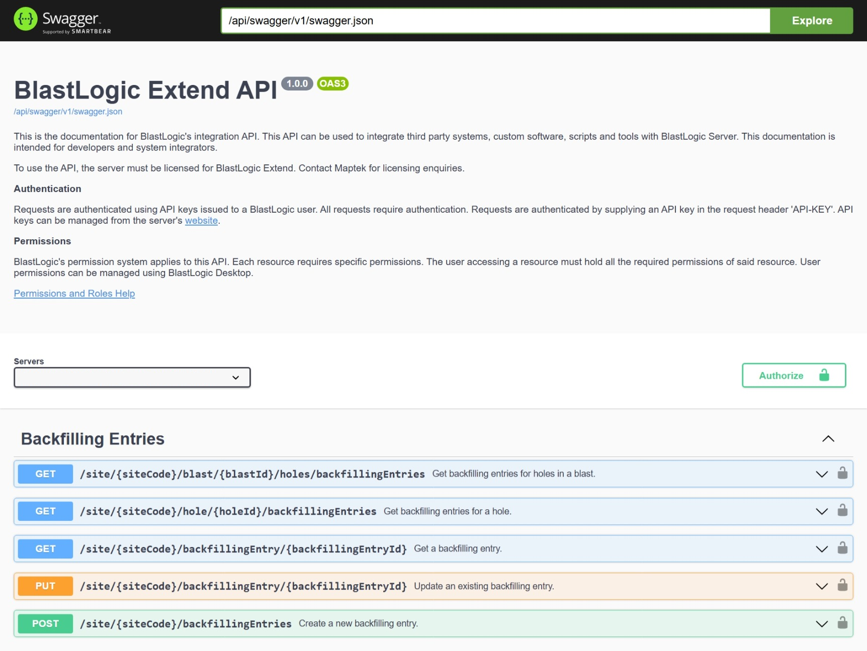 A screenshot of the documentation of the API from the OpenAPI specification for BlastLogic Text.