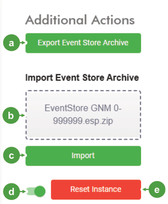 An overview of the Additional Actions panel which includes tools for exporting and importing events. The Reset Instance button permanently removes all data from MaterialMRT.