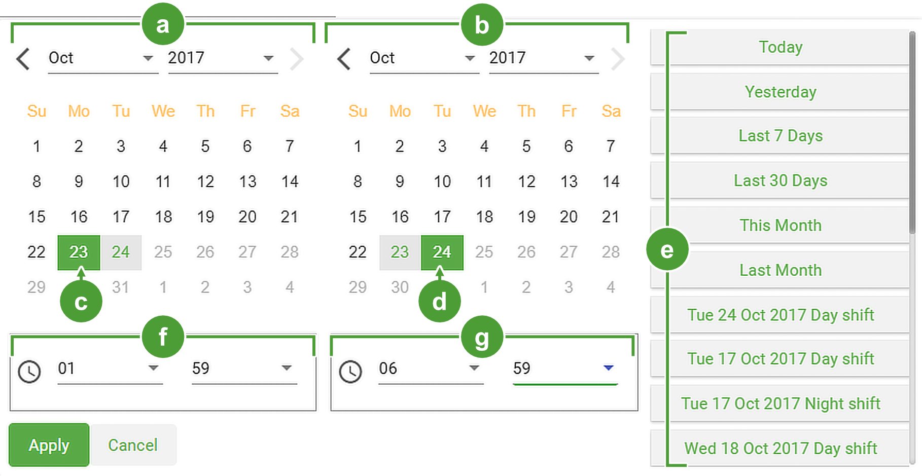 The interval setting panel with options to select the year, month, date, and time or a preset.
