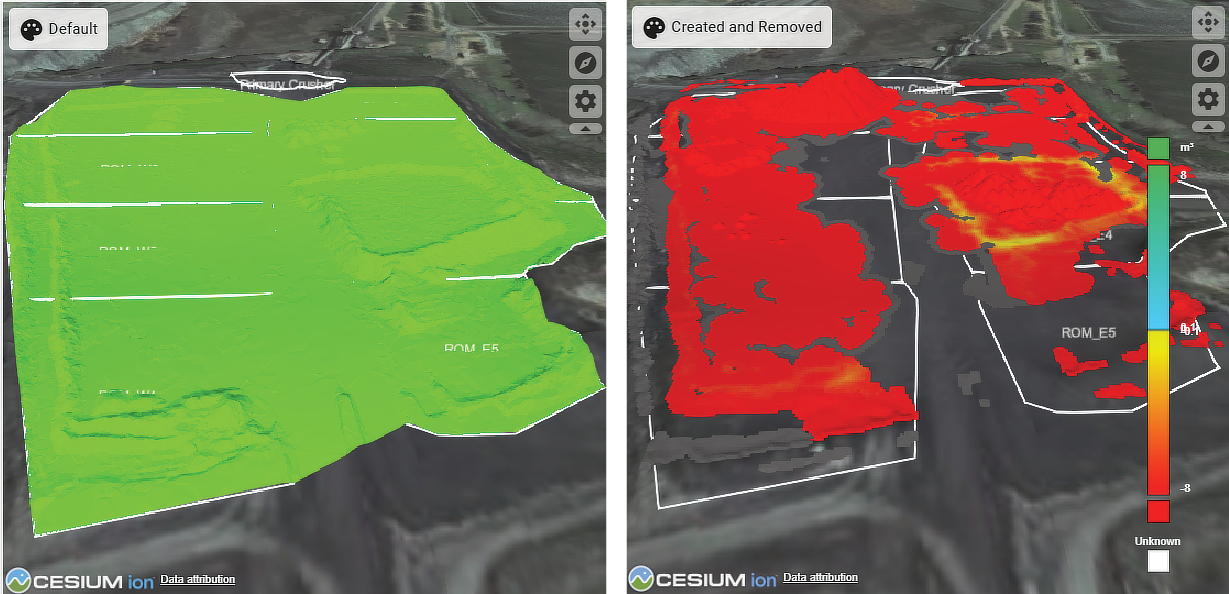 A comparison between a stockpile surface in its default scheme and with material created and removed.