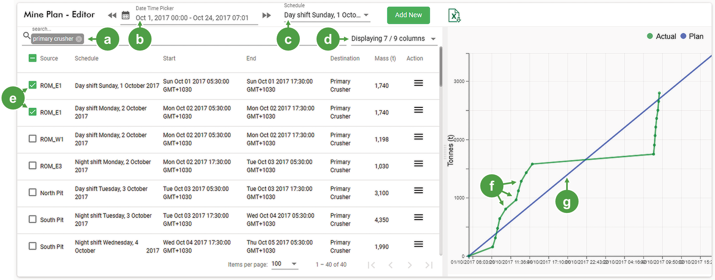 Mine plan editor with filter settings configured.
