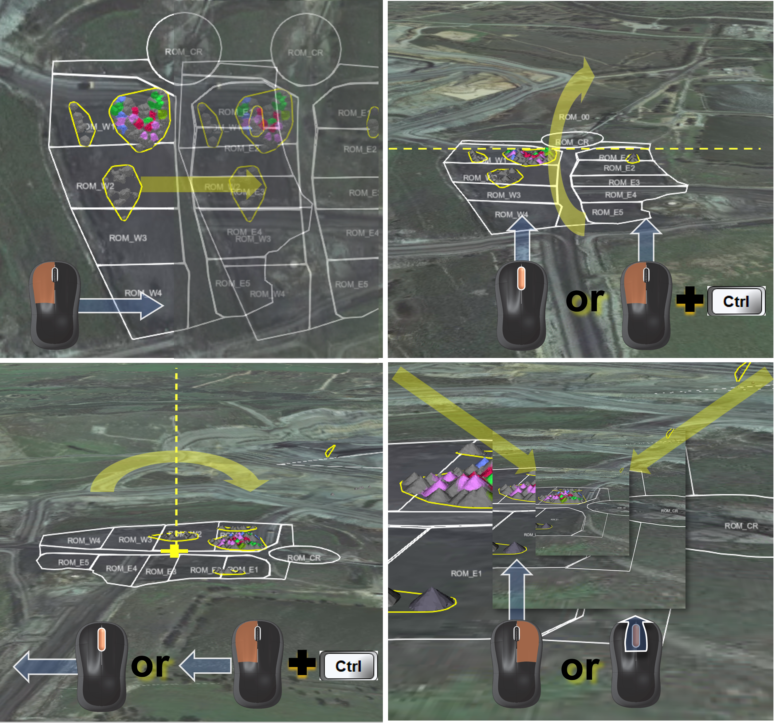 Top-left: hold down the left mouse button and move the mouse to pan. Top right: Pitch the view by holding the middle mouse button or using the left mouse button and keyboard (CTRL) combination. Bottom-left: rotate the view using the same keyboard and mouse options for pitching the view while moving the mouse left or right. Bottom-right: Zoom the view by either holding the right mouse button or scrolling the mouse wheel.