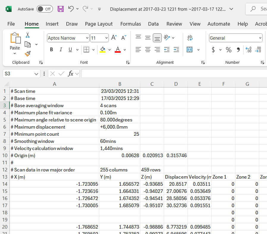 .CSV file with displacement report