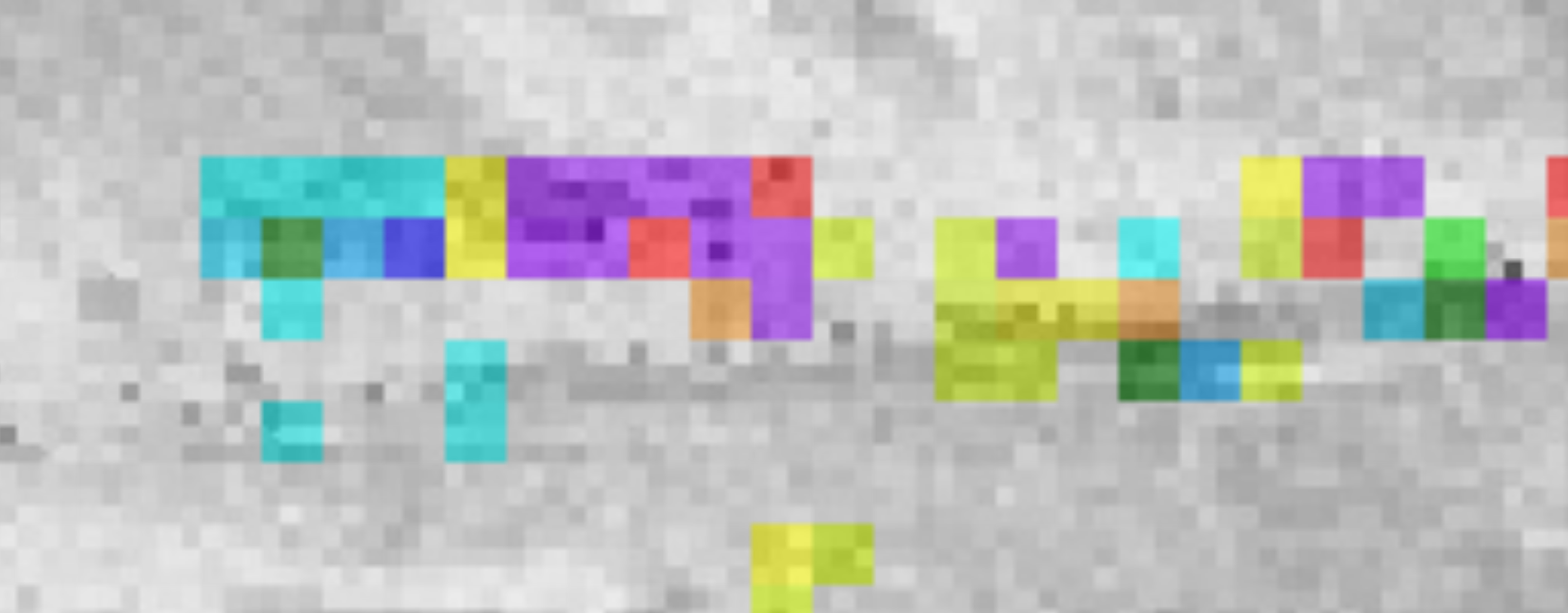 Detailed close up showing relationship between cells (in colour) and scanner beam spots (greyscale representing intensity values). Thirty-six (6x6) scanner points to one cell in this case